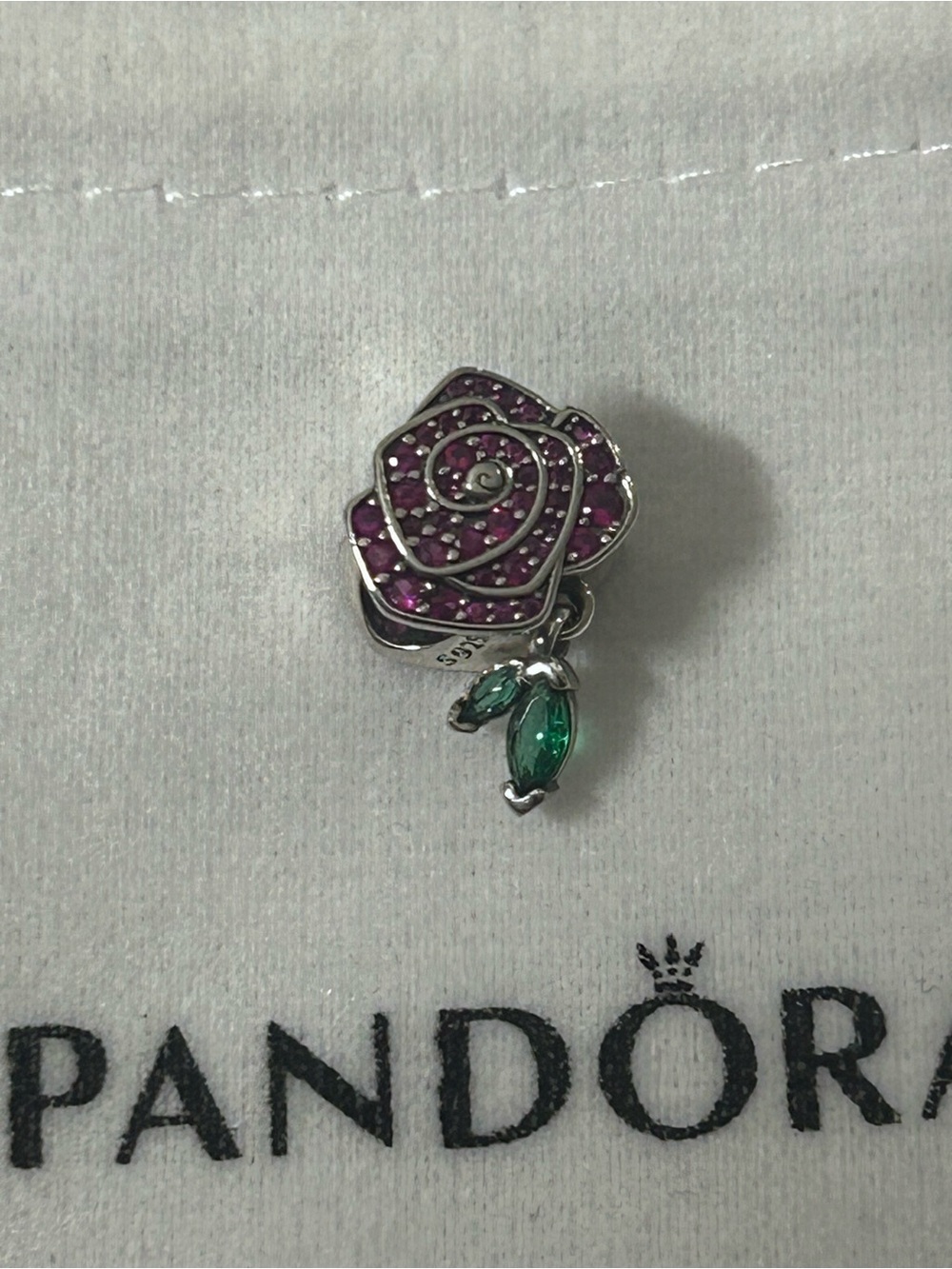 Pandora Purple Rose Charm with Green Leaf Dangle
